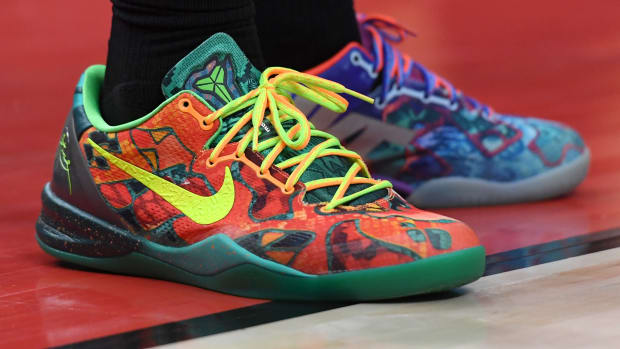 View of multi-color Nike Kobe shoes.